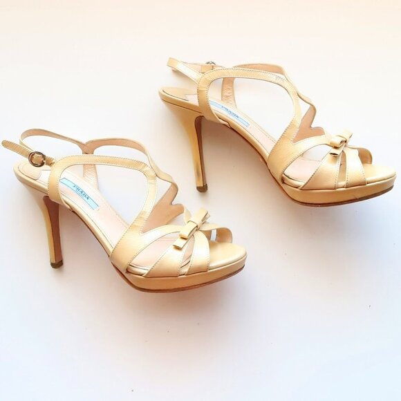 Prada Pale Yellow Patent Leather Strappy Platform Heels Sandals w Bow Size 7.5 - Picture 12 of 16